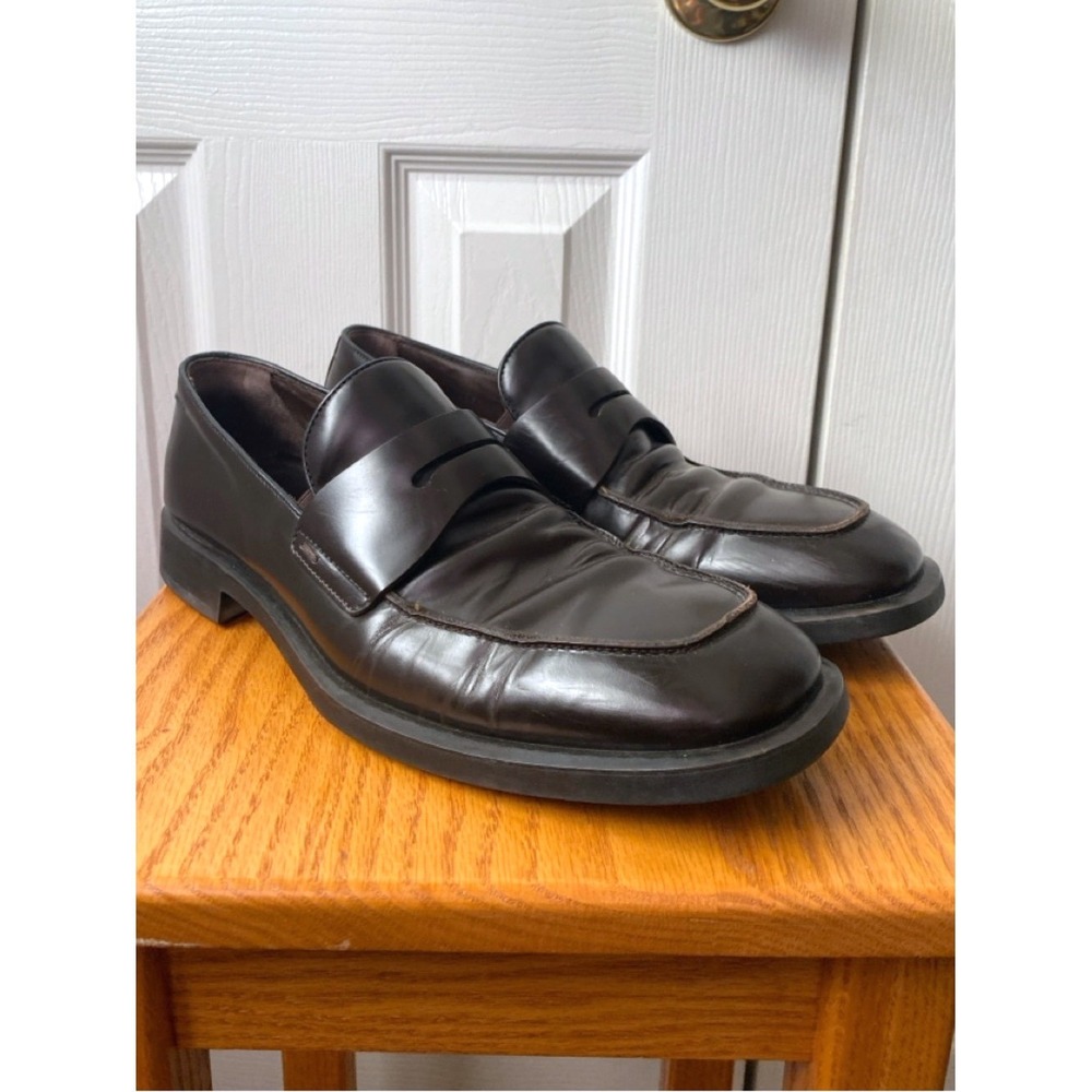 BOSS Hugo Boss Italian Dark Brown Leather Apron Square‎ Toe Penny Loafer 7.5